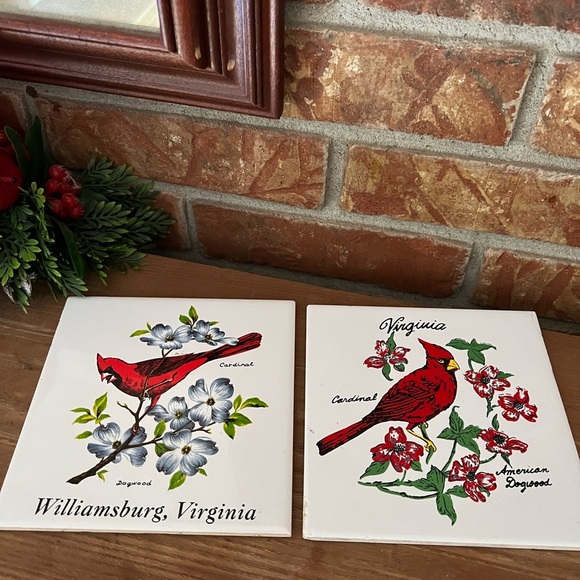 2x Vintage Hand Painted Ceramic Tile, Coaster, or Wall Decor, Red Cardinal - Picture 2 of 5